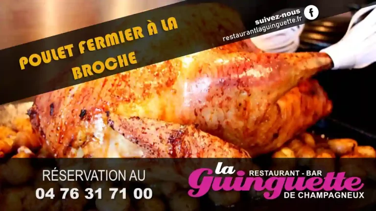 Poulet à la broche et pommes de terre grenaille au restaurant bar la guinguette de champagneux