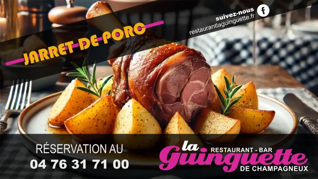 Jarret de Porc Dorée et ses potatoas au restaurant bar la guinguette de champagneux